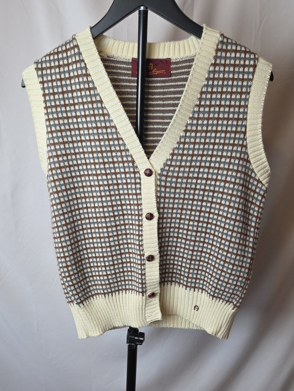 Etienne Aigner Cream and Brown Knit Button-Front Vest
